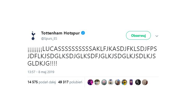 Tweet oficjalnego profilu Tottenhamu po golu Lucasa! :D